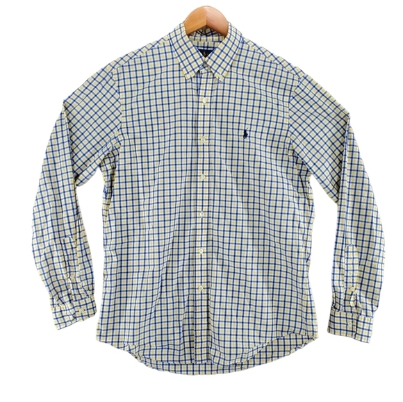 Ralph Lauren Dress Shirt Men M Check Plaid Windowpane Graph Blue Yellow Wht Logo - Picture 10 of 12